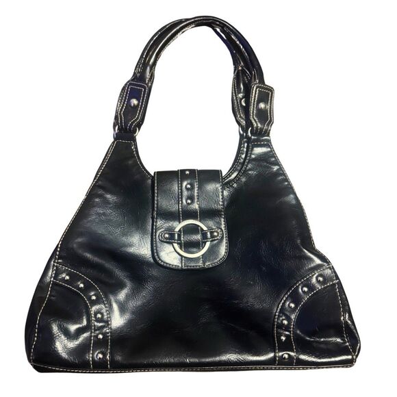 Black & Silver Studded Alt Goth Y2K Western Cowgirl Punk Faux Leather Hobo Bag - Picture 1 of 7